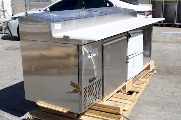 BRAND NEW SCRATCH & DENT! Avantco SSPPT-3F 94" 2 Door Refrigerated Pizza Prep Table with 2 Drawers - Door Is Missing - TESTED! WORKS PERFECT!!  - Image 6 of 8