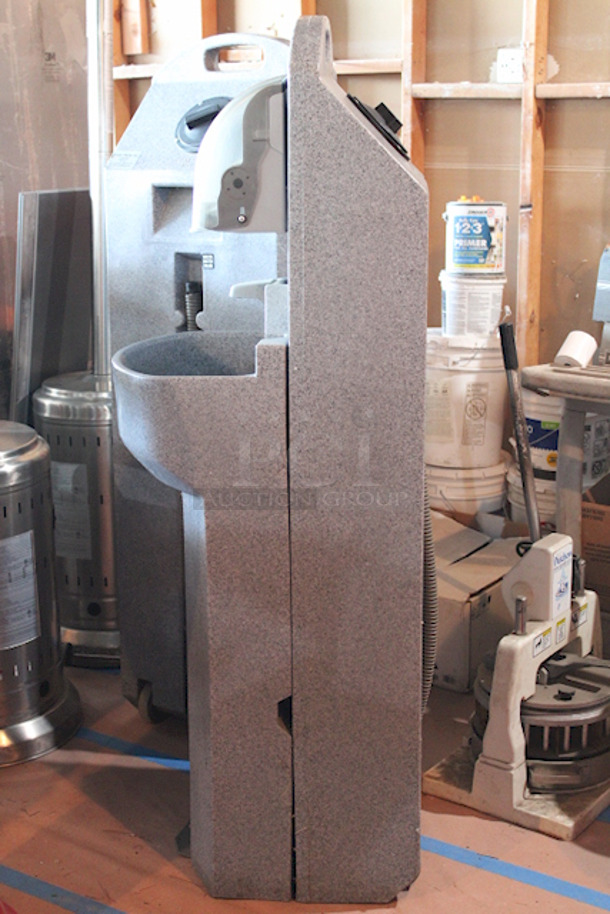 PERFECT! PolyJohn 15.5 Gallon Mobile Sink On  Heavy Duty Casters! 18" x 20" x 62"
Unit Can Accommodate: Fresh Water Tank Capacity: 15.5 gallons, Waste Water Tank Capacity: 19 gallons, Soap Dispenser Capacity: 30 oz., Includes Paper Towel Dispenser.  - Image 11 of 11