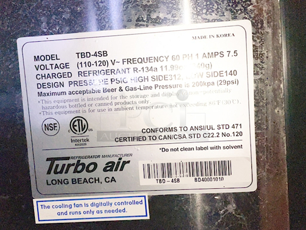 OUTSTANDING! Turbo Air TBD-4SB Super Deluxe Beer Dispenser- TESTED: In Perfect Working Order - (3) Swing Doors, Stainless Steel Countertop, Interior Floor and Walls, Galvanized Steel Interior Top, Black Laminated Exterior, (4) 1/2 Barrel Capacity, (2) 3″ Dia. Industrial Beer Columns With (6) Faucets/Taps. 90-1/4″W x 27-1/4″D x 37-1/8″H.  - Image 4 of 4