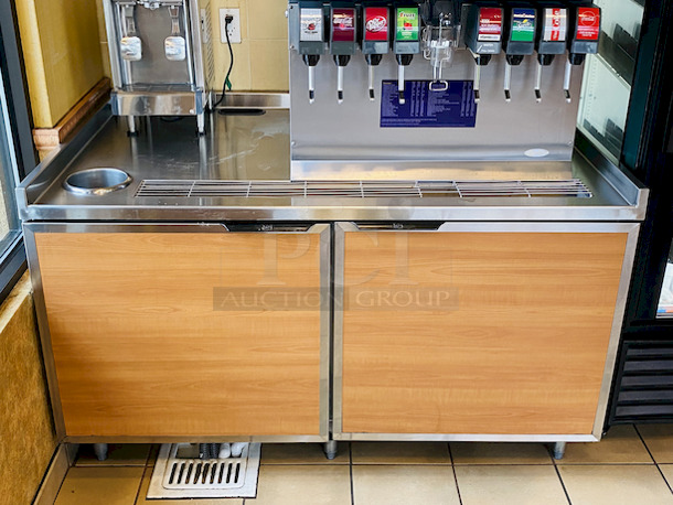AMAZING! Duke SUB-BD-60-RM Beverage Destination Unit with Trough

FEATURES:

Increased depth to allow for all standard dispensing equipment and ice makers
2” riser on rear and both ends to contain spills Insulated drip trough built into unit Removable decor panels for decor changes or replacement
Reinforced top to accommodate weight of dispensing equipment and ice machine
Waste chute built into top of unit
Low profile door handles
34” working height to meet ADA requirements - Image 1 of 2
