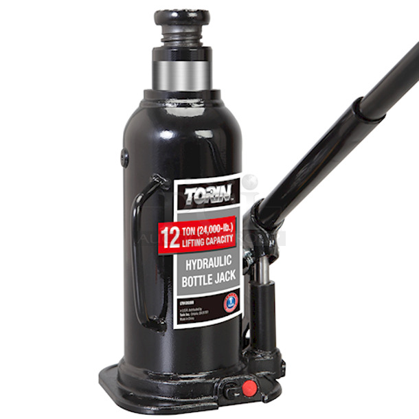 Torin T91203ST 12 Ton Hydraulic Bottle Jack 
Capacity: 24,000 lbs
Lifting range: 9-1/8" to 18-1/4" - Image 1 of 2