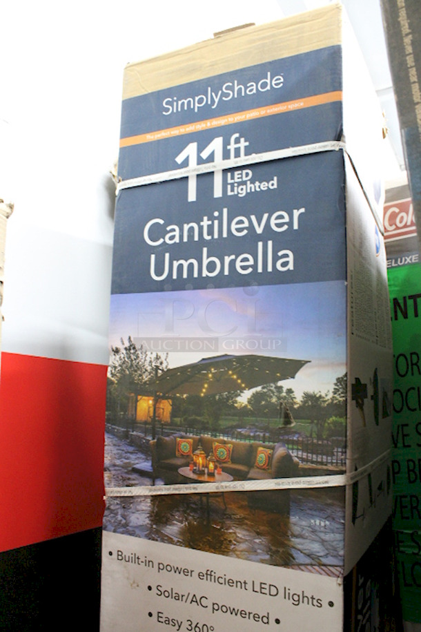 SimplyShade 11-ft 42-LED Light Cantilever Umbrella with Base, Solar/AC Powered. Color: Greige. Includes: 120 volt AC Adapter Cord. 360-Degree pivoting Hub W/ Foot Pedal To Swing Canopy Horizontally. 11-ft x 11-ft x 8.32-ft - Image 2 of 12