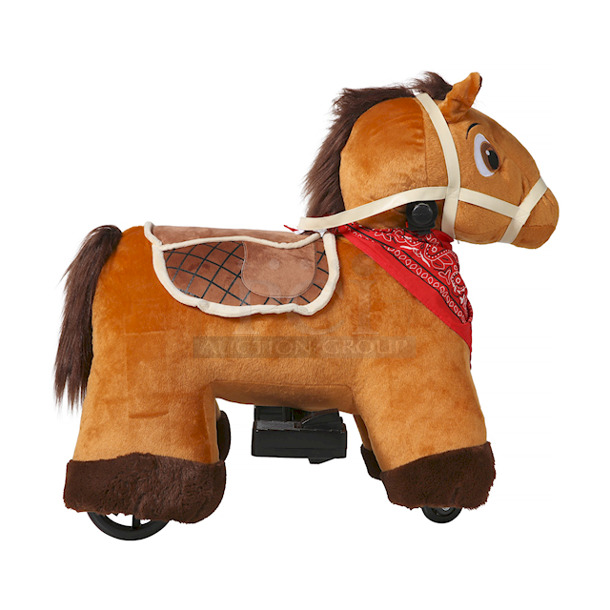 AWESOME!! 6 Volt Stable Buddies Chestnut Horse Plush Ride-On by Dynacraft, with Removable Bandana and Play Stable Included! 30.71"L x 17.72"W x 26.77"H - Image 6 of 9