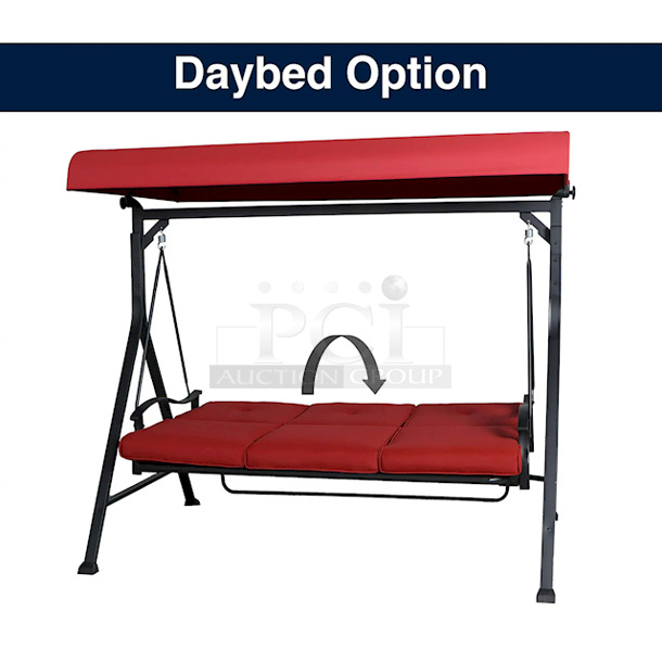 IN THE BOX & WAITING FOR YOU!! Mainstays Belden Park 3 Person Seat Outdoor Furniture Patio Swing and Daybed with Canopy, Red. 80.71” x 51.57” x 72.83”  - Image 7 of 8