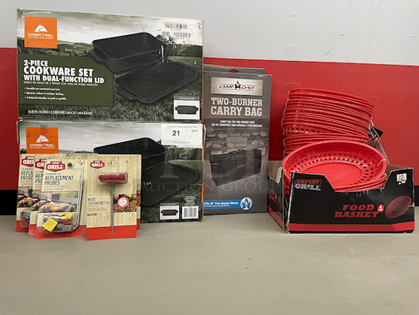 READY FOR THE COOKOUT!! (2) Ozark Trail 2-pc Pre-Seasoned Cookware Set With Dual-Function Lids; (4) Expert Grill Thermometer Replacement Probes; (2) Expert Gril Meat Thermometers; (1) Camp Chef Two Burner Cary Bag; (12) Expert Grill 4-pk Food Baskets. 