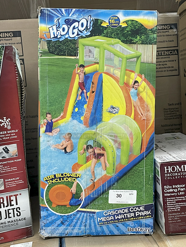 SUPER COOL! H2O GO Cascade Cove Mega Water Park, Air Blower Included. 
Overall Dimensions: 16 ft. 3 In. x 10 ft. 6 in. x 8 ft. 6 in. 
