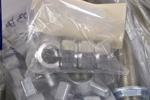 NEW-NEVER USED Box Of Kegerator & Brewery Hardware: (6) Foxx Equipment Co 12BO3116 ABECO 5/8" BSP Beer Thread” ¼” x 8-1/2” Chrome Plated Brass Shanks, (4) Hex “Beer” Nuts - 29/32"-14 Beer Thread, (4) Taps, (10) Tap Brushes, (3) Krome Dispense C184 Standard Faucet Plastic Knob W/ Brass Insert, GreenLeaf CBSHM5160BG1 5/16” Nylon  Hose Barb x 5/16 Hose Barb - Image 5 of 10