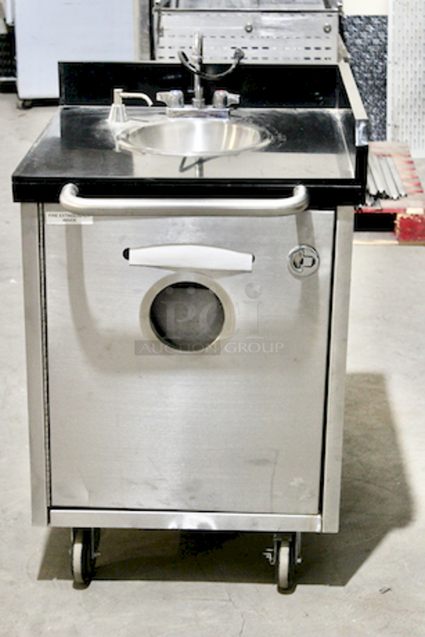 OUTSTANDING! Marble Top Mobile Hand Sink W/Hot Water Booster, Clean and Gray Water Tanks and, Hand Towel Dispenser On Door. On Commerical Casters. 26-1/8x30-1/2x40