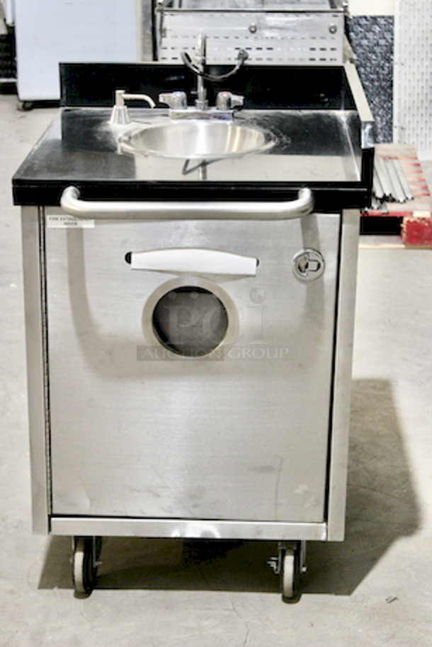 OUTSTANDING! Marble Top Mobile Hand Sink W/Hot Water Booster, Clean and Gray Water Tanks and, Hand Towel Dispenser On Door. On Commerical Casters. 26-1/8x30-1/2x40 - Image 1 of 9