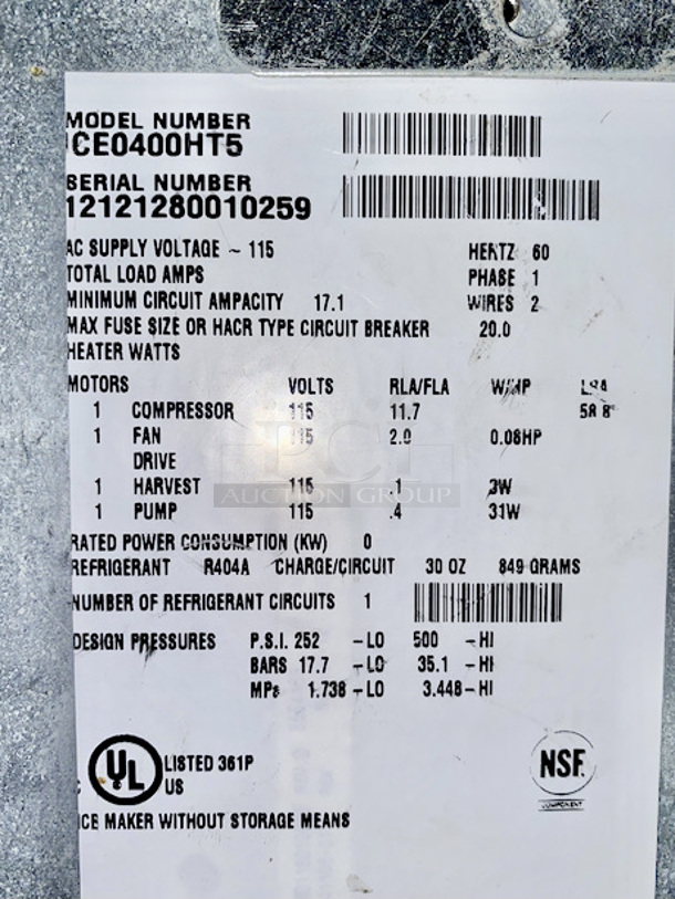 BEAUTIFUL! ICE-O-MATIC - Model ICE0400HT5 Ice Series Modular Air Cooled Half Cube Ice Maker.                                                                                             
Produces Up To 505lbs of Ice Per Day. Air Cooled, Top Discharge. S/N: 12121280010259.  
30"x24-1/4"x20                                                . Functioning Properly When Last Used                    
Cube Size = Half (3/8 X 7/8 X7/8)                          . 
1 PHASE, 2 WIRE, 115 V, AIR COOLED

Max Ice Production Per 24hrs at 70°F = 505 lbs
Max Ice Production Per 24hrs at 90°F =  368 lbs  - Image 4 of 5