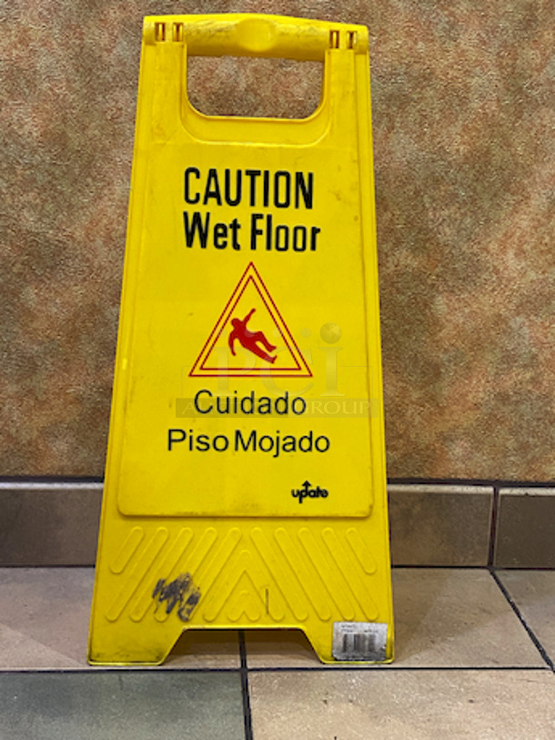 Update International WFS-25 Caution Wet Floor Sign, Yellow, 24".

Fold-out style
Polypropylene construction
Sign is tall and highly visible
Text in both English and Spanish
Alerts patrons where there is a wet floor - Image 2 of 3
