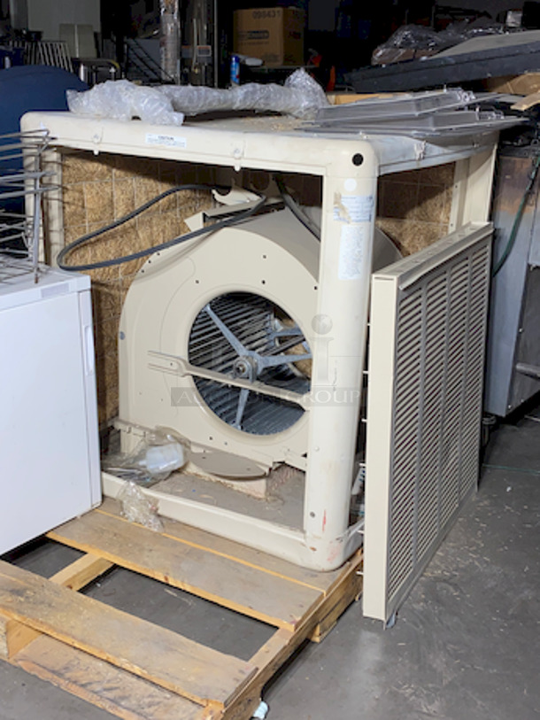 PALLET FULL! Includes: BRAND NEW, NEVER USED APW Wyott HFW-1D, Hot Well, 120v, Commercial Swamp Cooler, Missing the Motor and Once Side Cover, Sliding Full Size Pan Lids, Chaffers, Chicken Wire, Ceiling Menu Board Mount, Mini-Refrigerator.  - Image 5 of 10