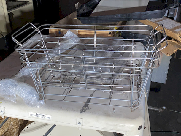 PALLET FULL! Includes: BRAND NEW, NEVER USED APW Wyott HFW-1D, Hot Well, 120v, Commercial Swamp Cooler, Missing the Motor and Once Side Cover, Sliding Full Size Pan Lids, Chaffers, Chicken Wire, Ceiling Menu Board Mount, Mini-Refrigerator.  - Image 7 of 10