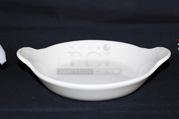 OUTSTANDING!! 52 Piece Glass and Ceramic Serving Set. (4) Orange Glass Patters, (5) Glass Candle Holders, (13) Hall China by Steelite International HL4340ABWA 12 oz. Round Bright White China Au Gratin / Shirred Egg Dish, (2) Glass Serving Dishes, (1) Oval Glass Serving Dish, (2) Ceramic Bowls, (2) Glass Star Candle Holders, (8) Vintage Glass Leaf Dishes - Image 10 of 12