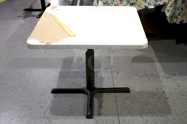 SWEET! 34in x 34in Restaurant Table With Standard Column Base & Flower Pattern Table Cloth.