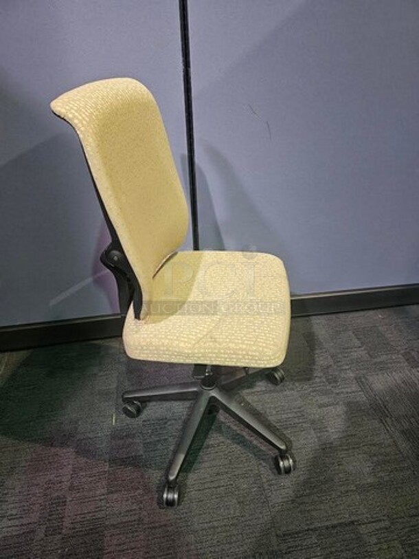 Adjustable AllSteel brand office chairs. No tears or rips, in good used condition! Neutral/ gold upholstery with a black metal frame on wheels. Perfect for training rooms, large offices or anywhere that a larger number of matching seating would be preferred. Measure 44” H x 19” W.   - Image 3 of 3