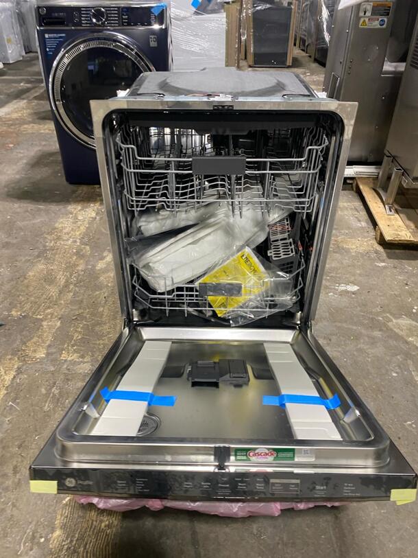 Brand New GE Profile 24 Inch Fully Integrated Built-In Dishwasher with 16 Place Settings, 5 Cycles, 45 dBA Sound Level, Deep Clean Silverware Jets, NSF Certified Steam + Sani, Dry Boost, 3rd Rack, Piranha Hard Food Disposer, and EnergyStar Qualified: Black Stainless Steel

