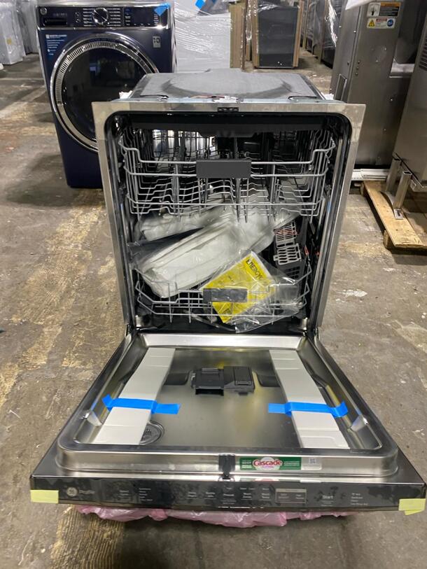Brand New GE Profile 24 Inch Fully Integrated Built-In Dishwasher with 16 Place Settings, 5 Cycles, 45 dBA Sound Level, Deep Clean Silverware Jets, NSF Certified Steam + Sani, Dry Boost, 3rd Rack, Piranha Hard Food Disposer, and EnergyStar Qualified: Black Stainless Steel

 - Image 1 of 5