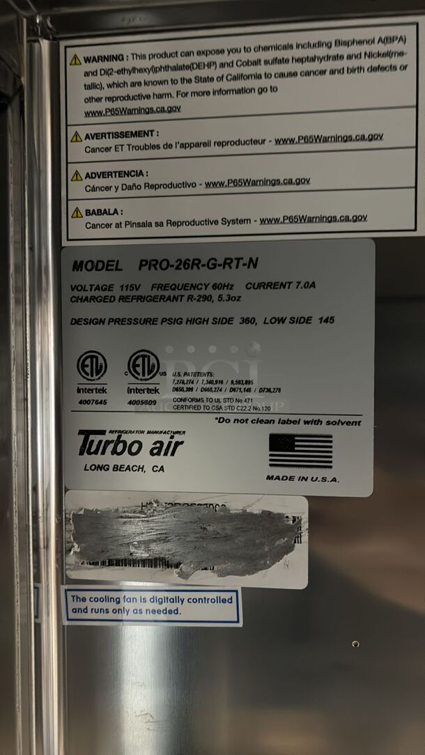 WOW!! Brand New Turbo Air PRO-26R-G-RI-N 34" W One-Section Glass Door Roll-In PRO Series Refrigerator
 - Image 4 of 4