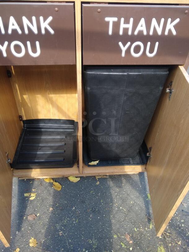 "THANK YOU!" LAMINATED WOODEN DOUBLE RESTAURANT TRASH CAN WITH CABINETS AND TRAY TOP
 - Image 4 of 5