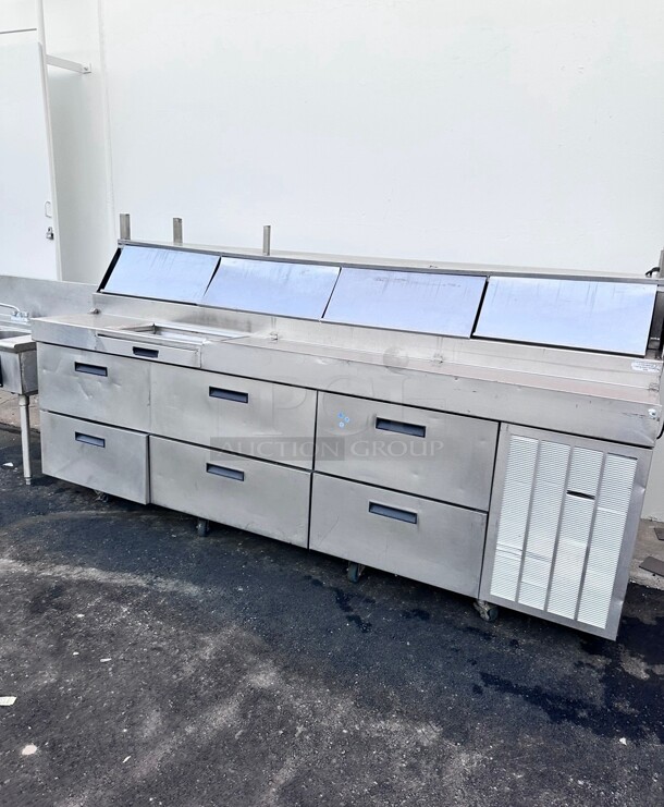 Working Delfield F18RC114 114 inch Three Door Refrigerated Pizza Prep Table - Image 2 of 8