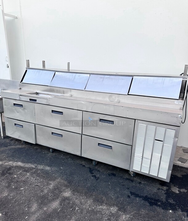 Working Delfield F18RC114 114 inch Three Door Refrigerated Pizza Prep Table - Image 3 of 8