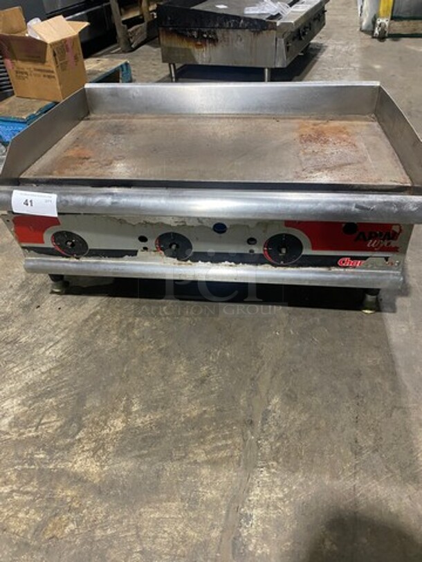 APW Wyott Commercial Countertop Gas Powered Flat Top Griddle! With Back And Side Splashes! All Stainless Steel! On Legs!