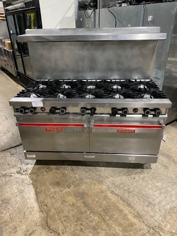 Vulcan Commerical Natural Gas Powered 10 Burner Stove! With Raised Back Splash And Salamander Shelf! With 2 Oven Underneath! All Stainless Steel! On Casters! - Image 1 of 10