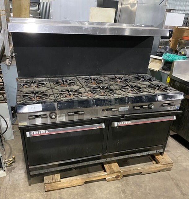 Garland Stainless Steel Commercial Natural Gas Powered 10 Burner Stove! With 2 Full-Sized Ovens! With Metal Oven Racks! With Raised Back Splash & Salamander Shelf! - Image 1 of 10