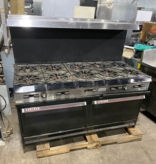 Garland Stainless Steel Commercial Natural Gas Powered 10 Burner Stove! With 2 Full-Sized Ovens! With Metal Oven Racks! With Raised Back Splash & Salamander Shelf!