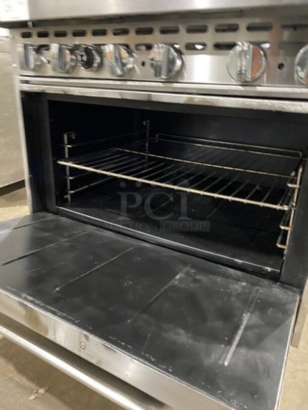 Bakers Pride Commercial Natural Gas Powered 6 Burner Stove! With Raised Back Splash! With Oven Underneath! All Stainless Steel! On Legs! Model: 36BP6BS30N SN: 9910518050013 - Image 7 of 10