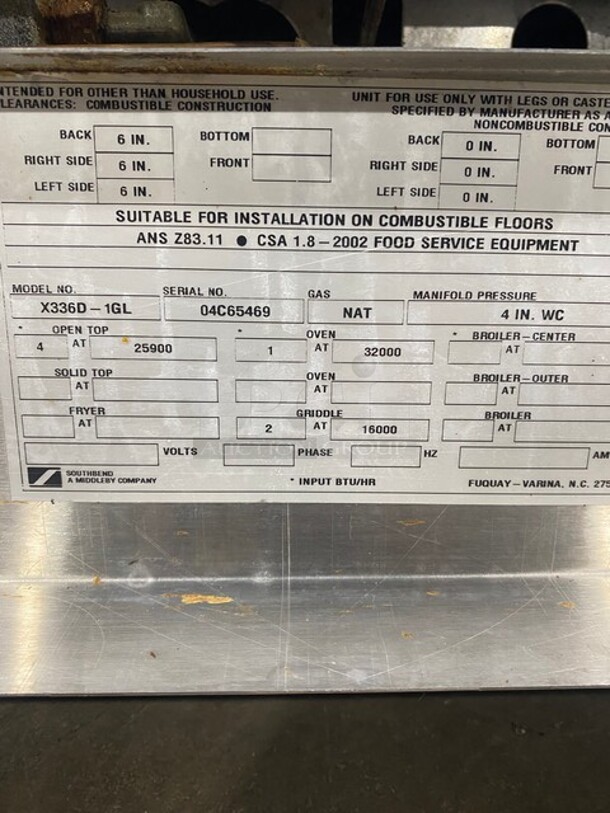 SouthBend Commercial Natural Gas Powered Split Top 4 Burner Stove! With Left Side Flat Griddle! With Full Sized Oven Underneath! With Backsplash! All Stainless Steel! With Metal Oven Racks! On Casters! Model: X336D-1GL SN: 04C65469! - Image 12 of 12