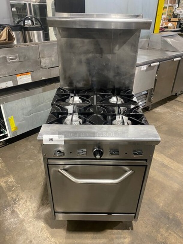 Commercial Natural Gas Powered 4 Burner Stove! With Raised Back Splash! With Oven Underneath! Stainless Steel Body! On Casters!