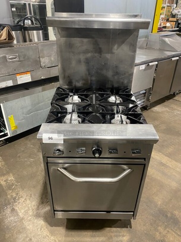 Commercial Natural Gas Powered 4 Burner Stove! With Raised Back Splash! With Oven Underneath! Stainless Steel Body! On Casters! - Image 1 of 11