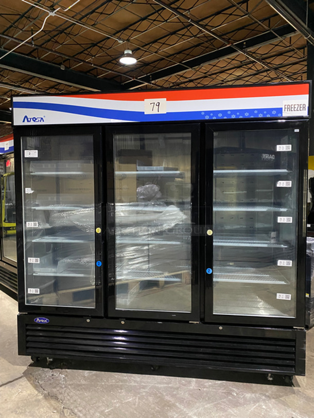 COOL! LIKE NEW! BARELY USED! LATE MODEL! 2021 Atosa 3 Door Reach In Freezer Merchandiser! With View Through Doors! Poly Coated Racks! On Casters! Still Under Manufacturers Warranty! Model: MCF8728GR SN: MCF8728GRAUS100321032100C40002 115/208/230V 60HZ 1 Phase