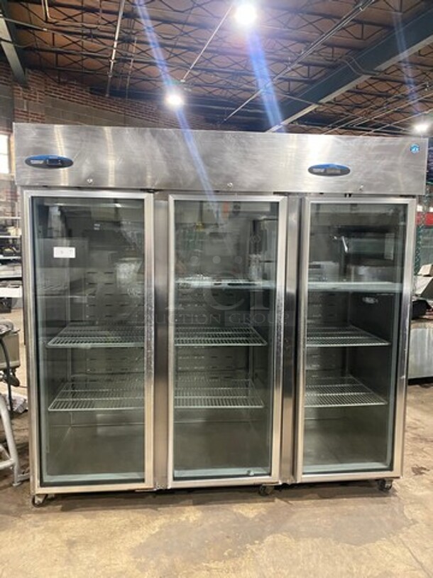 COOL! Hoshizaki Commercial 3 Door Reach In Cooler Merchandiser! With View Through Doors! Poly Coated Racks! All Stainless Steel Body! Model: CR3SFGYCR SN: F60028B 115V 60HZ 1 Phase