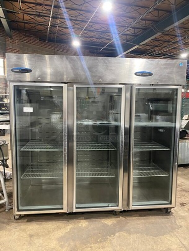 COOL! Hoshizaki Commercial 3 Door Reach In Cooler Merchandiser! With View Through Doors! Poly Coated Racks! All Stainless Steel Body! Model: CR3SFGYCR SN: F60028B 115V 60HZ 1 Phase - Image 1 of 9