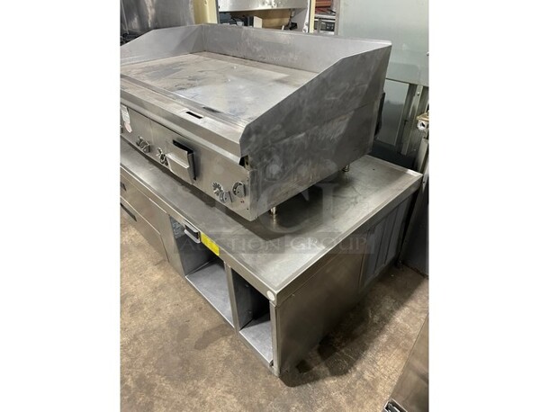 WOW! Lang Natural Gas Powered Heavy Duty Commercial Mirror Shine/Polished Top 48 Inch Thermostatic Controlled Flat Top Griddle! On Two Drawer 60 Inch Refrigerated Chef Base! On Casters! 2 X Your Bid! - Image 2 of 11