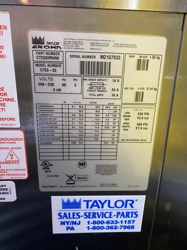 FANTASTIC! Taylor Commercial 2 Flavor Soft Serve Ice Cream/Yogurt Machine! All Stainless Steel! Model C72333 Serial M2107933! 208-230V 3Phase! On Casters! WORKING WHEN REMOVED! - Image 12 of 12
