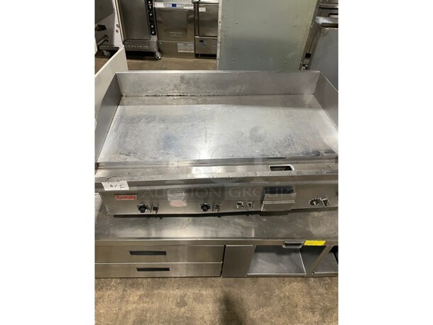 WOW! Lang Natural Gas Powered Heavy Duty Commercial Mirror Shine/Polished Top 48 Inch Thermostatic Controlled Flat Top Griddle! On Two Drawer 60 Inch Refrigerated Chef Base! On Casters! 2 X Your Bid! - Image 5 of 11