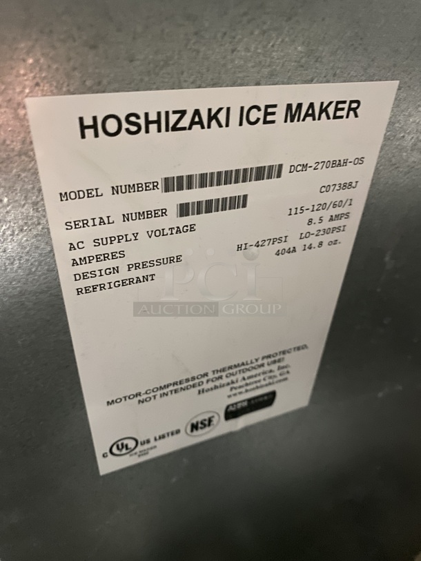 CUTE! HOSHZAKI Ice Maker/Water Dispenser Combo!  Model DCM-270BAH-OS Serial C07388J 115-12V/60Hz/1 Phase - Image 7 of 8