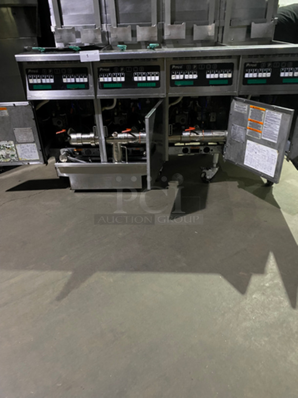 FABULOUS! Pitco Frialator Commercial Natural Gas Powered 4 Bay Deep Fat Fryer! With Automatic Hydraulic Basket Lift!  With Fryer Covers! With Oil Filter System! With 4 Frying Baskets! All Stainless Steel! On Casters! Working When Removed! Model: SG14-S SN: G05CA007837 120V 60HZ 1 Phase - Image 10 of 12
