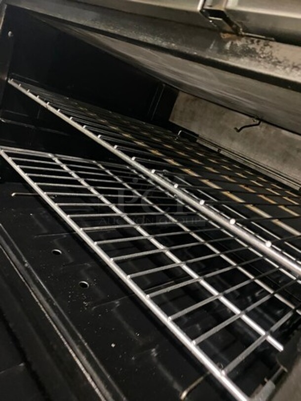 FAB! Franklin Commercial Natural Gas Powered 6 Burner Stove With Right Side Flat Griddle And Cheese Melter Combo! Griddle Has Side Splashes! With Raised Back Splash And Salamander Shelf! With Single Small Door Storage Space! With Oven Underneath! Metal Oven Racks! All Stainless Steel! On Legs! - Image 9 of 12