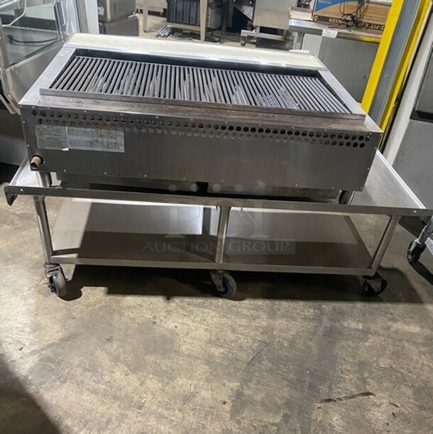 Bakers Pride Commercial Countertop Natural Gas Powered 48 Inch Char Broiler Grill! On Commercial 60 Inch Equipment Stand! With Underneath Storage Space! All Stainless Steel! On Casters! Working When Removed! Model XX8 Serial 592381707002!  - Image 4 of 10