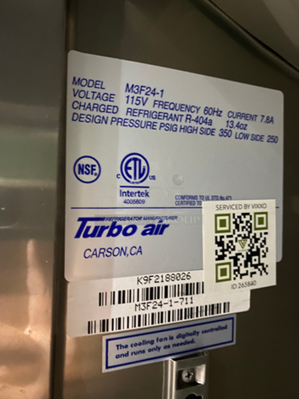 Turbo Air Single Door Reach In Freezer! With Poly Coated Racks! All Solid Stainless Steel! On Casters! Model: M3F24-1 115V 60HZ 1 Phase - Image 7 of 8