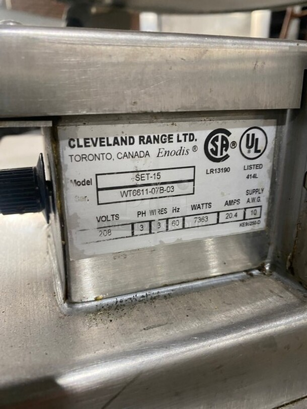 Cleveland Commercial Countertop 15 Gallon Tilting Soup Kettle/ Tilt Skillet! On Equipment Stand! With Single Drawer Storage Space! All Stainless Steel! On Legs! Model: SET15 SN: WT661107B03 208V 60HZ 3 Phase - Image 8 of 11