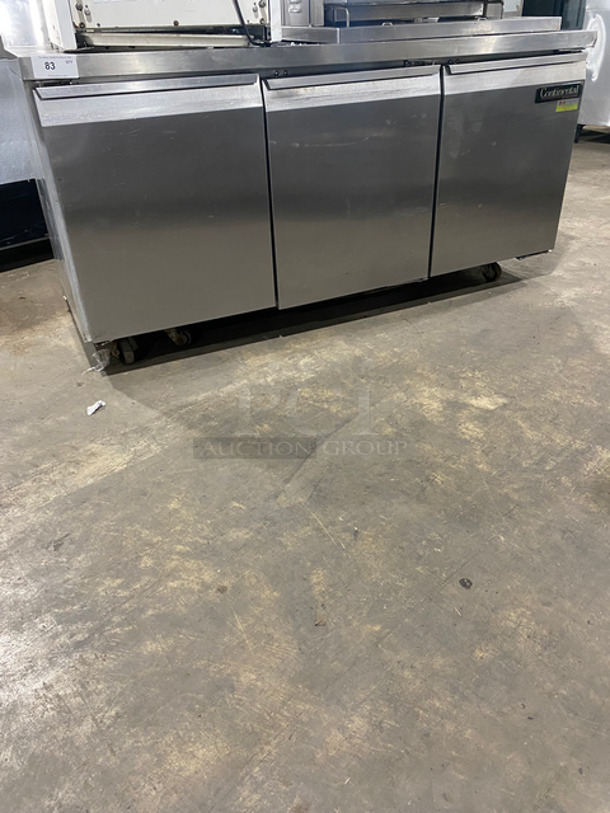 Continental Commercial Worktop/ Lowboy Cooler! With Backsplash! With 3 Door Refrigerated Storage Space Underneath! With Poly Coated Racks! All Stainless Steel! Model: SW72BS SN: 14655428 115V 60HZ 1 Phase