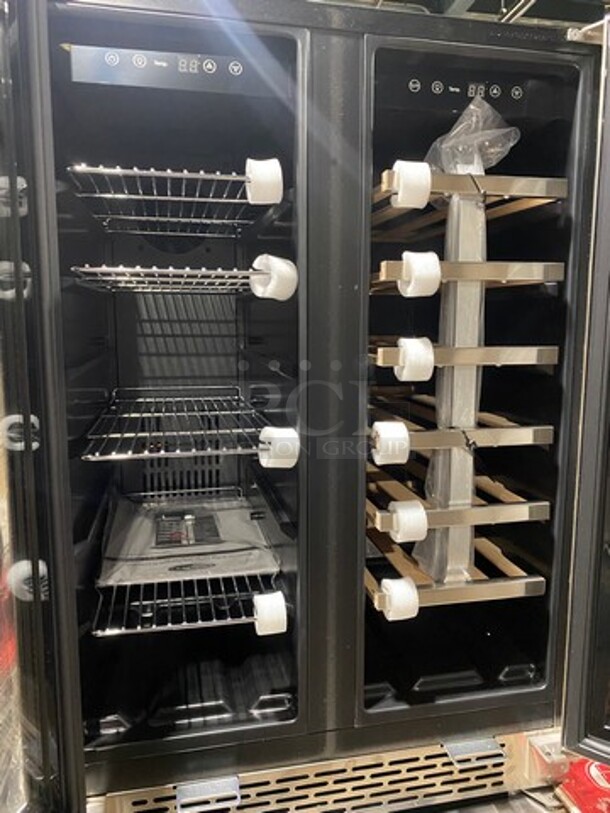 NEW! OUT OF THE BOX! SCRATCH-N-DENT! Whynter French Door Dual Zone Wine And Beer Can Cooler! With Through Doors! Wooden Wine Racks And Metal Racks! Model: BWB2060FDS - Image 4 of 10