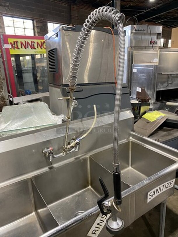 Commercial 3 Compartment Dish Washing Sink! With Single Side Drain Board! With Jet Spray Assembly! With Back Splash! On Legs! - Image 7 of 7