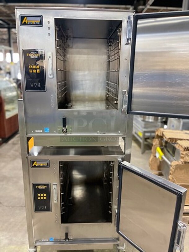 BEAUTIFUL! Accutemp Commercial Natural Gas Powered Double Deck Stand Mounted Boiler Less Steamer! All Stainless Steel! On Casters! 2x Your Bid Makes One Unit! WORKING WHEN REMOVED! Model: N61201E06000200 SN: 46145 - Image 3 of 11